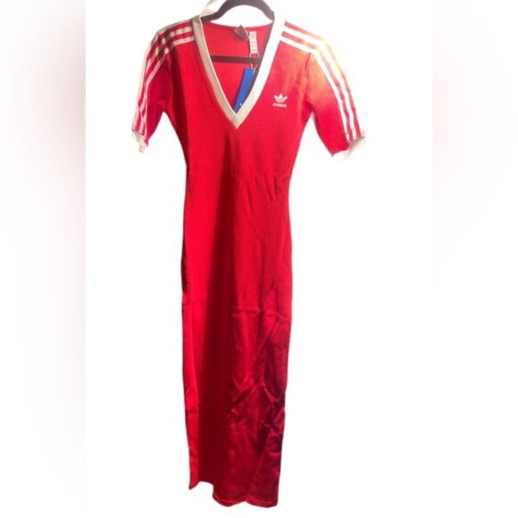 NWT Adidas Red V-Neck 3 Stripes Short Sleeve Athletic Stretch Bodycon Dress XS - Picture 2 of 4